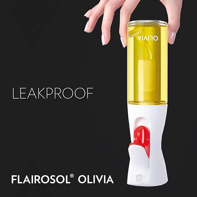 FLAIROSOL OLIVIA. The Original Advanced Oil Sprayer for Cooking, Salads, BBQs and More, Continuous Spray with Portion Control, Trusted by Chefs. Patented Technology. (Glass Bottle) (White Print)