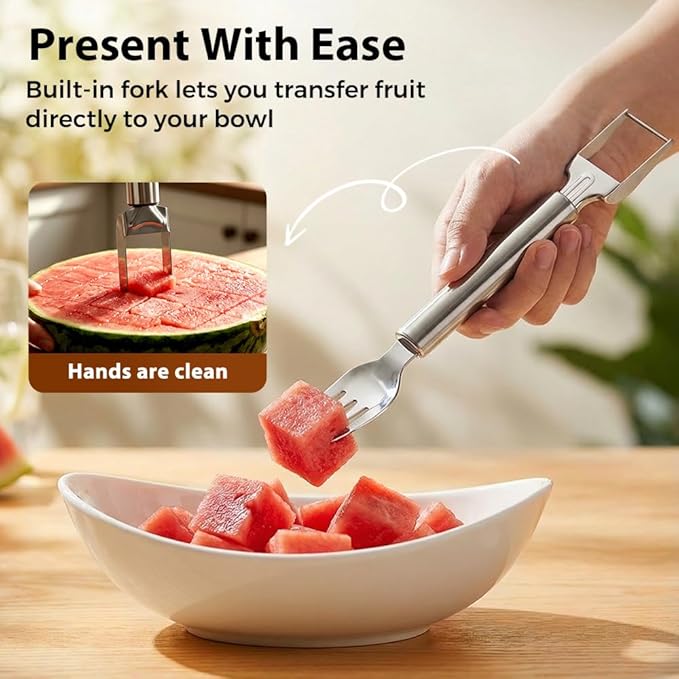Watermelon Slicer, 2-in-1 Stainless Steel Fruit Cutter and fork,Summer Watermelon Cutter Slicer Tool, Portable Kitchen Gadget for Home Camping Picnics Parties (2)