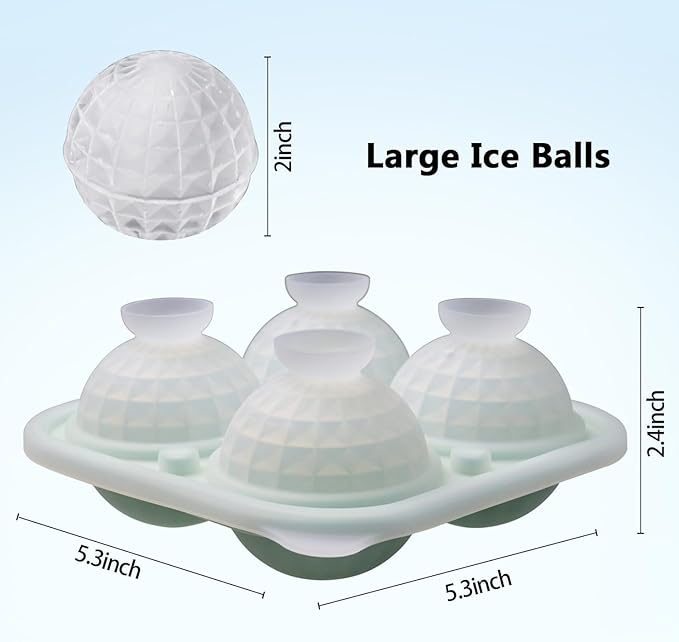 Prism Crystal Ball Ice Mold, Large Sphere Silicone Round Ice Mold, Fun Shapes Ice Cube Tray with Clear Funnel-type Lid, Make 4 Disco Ball Ice Cubes for Whiskey Cocktails and Juice, Green