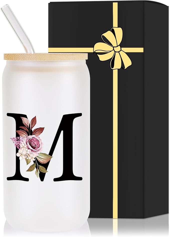 Monogrammed Glass Drinking Cup With Lid Straw Women Wife Ideal from Husband Happy Birthday Wedding Romantic Best Cool Personalized Unique Special Cute Custom Valentines Christmas Xmas Present Gifts,M