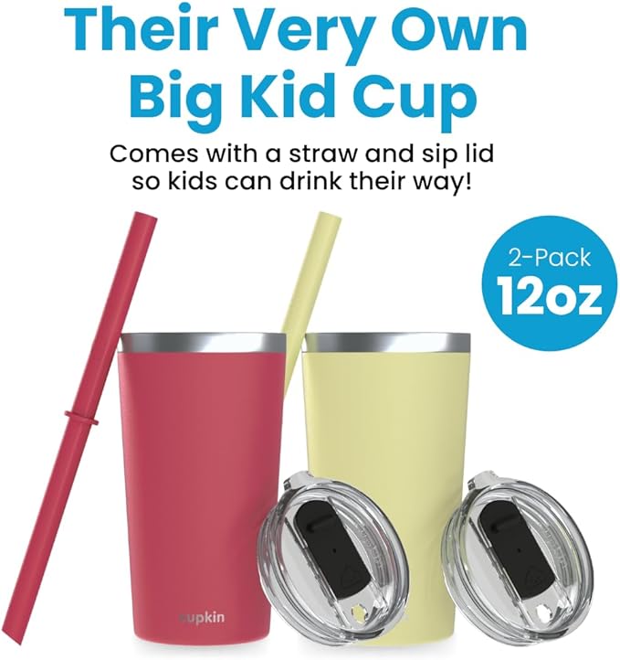 CUPKIN Toddler Tumblers, The Original 12 oz Stackable Stainless Steel Cups, Set of 2 Powder Coated Insulated Kids Water Bottle Alternative + BPA Free Lids + Reusable Silicone Straws (Coral + Yellow)