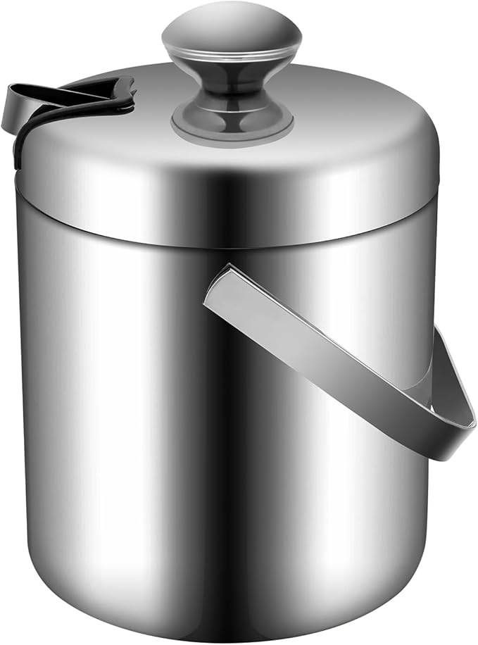 Stainless Steel Ice Buckets 1.3L/4.91gal Portable Ice Bucket with Lid & Strainer & Tong Double Wall Ice Barrel Ice Cube Container for Cocktail Party Event Camping 5.5 x 8.9 in
