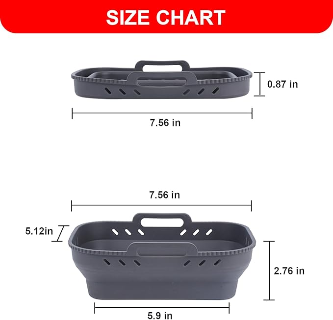 Air Fryer Silicone Liners, 7.56 x 5.12 inch Small Rectangle Collapsible Airfryer Liner, Reusable Non-Stick Baking Trays for Ninja DZ201/DZ401/DZ550 Dual Air Fryer, 2 Pack (Grey+Blue)