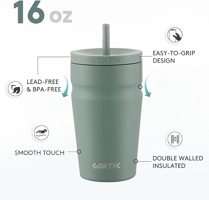 COKTIK 16oz Insulated Tumbler with Lid and Straw Iced Coffee Cup Reusable Stainless Steel Travel Mug Water Bottle Cupholder Friendly for Women Men Her Him (Bay Leaf)
