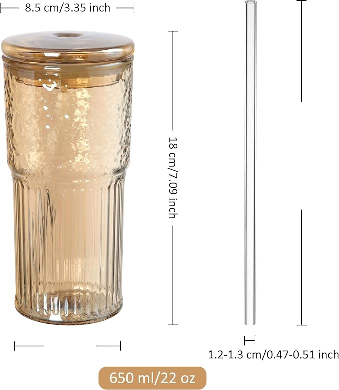 Joeyan 22 oz Amber Glass Tumbler with Straw and Lid for Iced Tea Coffee Smoothie Water Juice Beverages Soda,Ribbed Glasses Cups,Borosilicate Drinking Jar,Set of 2,Dishwasher Safe