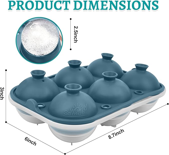 Samuelworld Large Ice Ball Maker with Lid, 6 x 2.5 Inch Ice Balls - BPA Free, Easy To Fill Round Silicone Ice Tray, Perfect Spheres Craft Ice Maker for Whiskey, Cocktails (Light Teal)