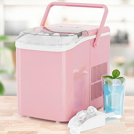 Ice Makers Countertop, Portable Ice Machine with Handle, 6 Mins 9 Bullet Ice Cubes with Basket and Scoop, 26lbs in 24Hrs, Auto-Cleaning, for Home, Kitchen, RV, Camping, Pink