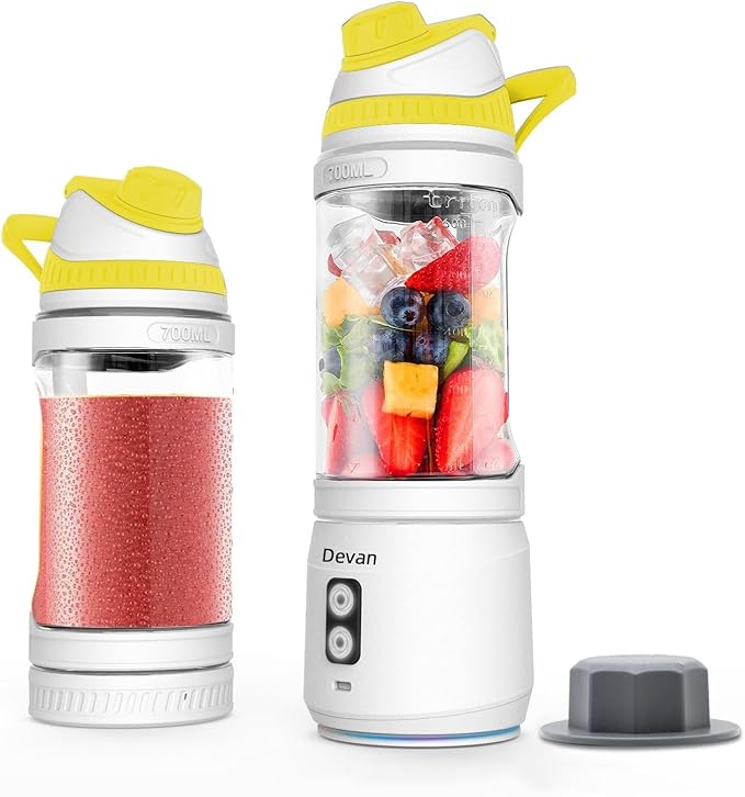 Portable Blender, Anti-Jamming 300 Watt for Shakes and Smoothies, 24oz Travel Blender USB Rechargeable, BPA Free Sporty bottle with a Travel Lid.(White Base Yellow Lid)