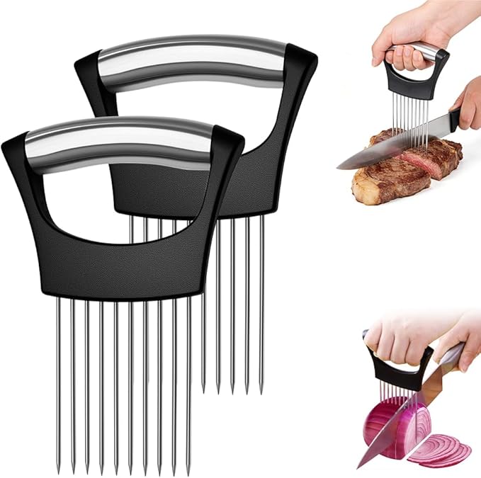 Stainless Steel Onion Holder for Slicing, Onion Slicer and Cutter, Kitchen Utensil for Onions, Tomatoes, Avocados, Eggs, Meat and Vegetables (2Pcs)