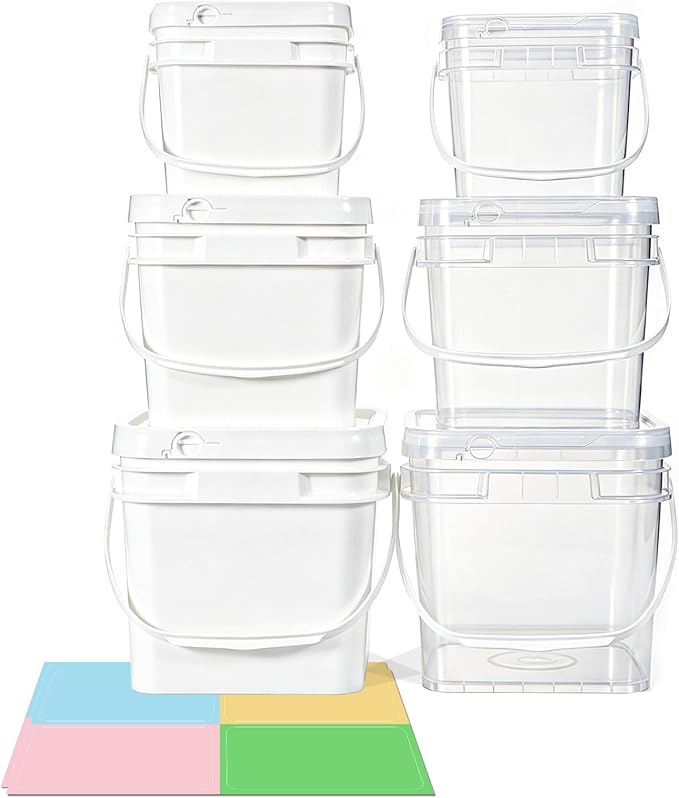 ASEVAT 6 Pack Square Plastic Buckets with Lids & Handles, 1L/2L/3L White & Clear Food-Grade Storage Pails, Stackable Airtight Containers for Food, Pantry & Cleaning Supplies