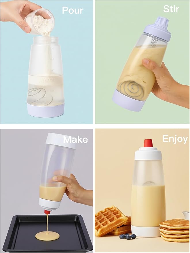 Pancake Batter Dispenser & Mixer/Shaker Bottles, 2-Pack (1000mL Each) – Whisk Ball, No-Drip Silicone Tip, Leakproof, Dishwasher-Safe, BPA-Free – For Pancakes, Waffles, Crepes, Muffins
