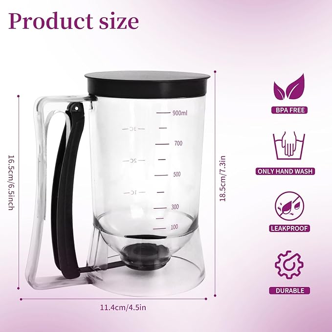 Pancake Batter Dispenser, Kitchen Must Have Tool for Perfect Pancakes, Cupcake, Waffle, Cake & Crepe, Batter Separator Maker with Measuring Label, Easy Pour Baking Supplies for Griddle (Black)