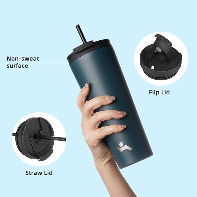 Konokyo 26 OZ Insulated Tumbler with Lid and 2 Straws Stainless Steel Water Bottle Vacuum Travel Mug Coffee Cup,Navy blue