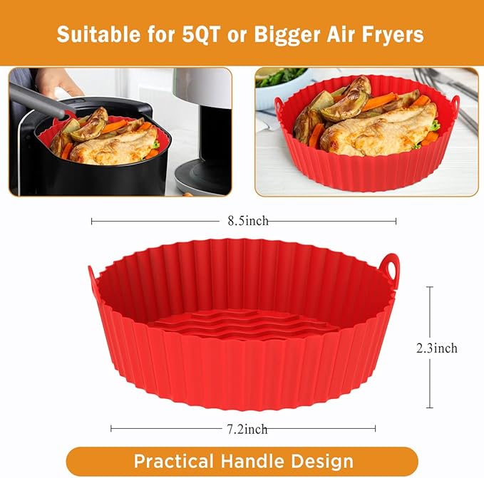OUTXE 2-Pack 8.5inch Air Fryer Silicone Liner Air Fryer Basket, Reusable Air fryers Silicone Pot Round for 5QT - Air fryer Oven Accessories (Red+Pink)