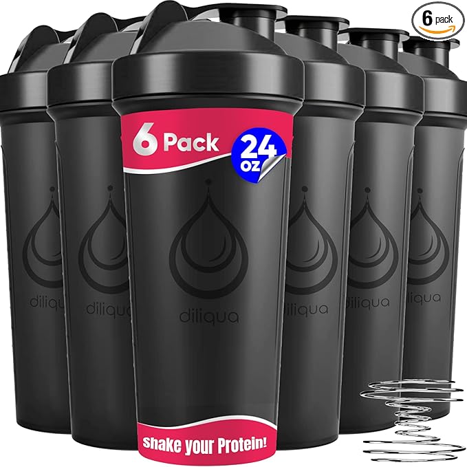 diliqua 6 PACK, Shaker Bottles with Wire Whisks for Protein Mixes | Leakproof Blender Shaker Bottle Pack | BPA-Free & Dishwasher Safe | 6 24 oz shaker bottles | Shaker Cups for shakes