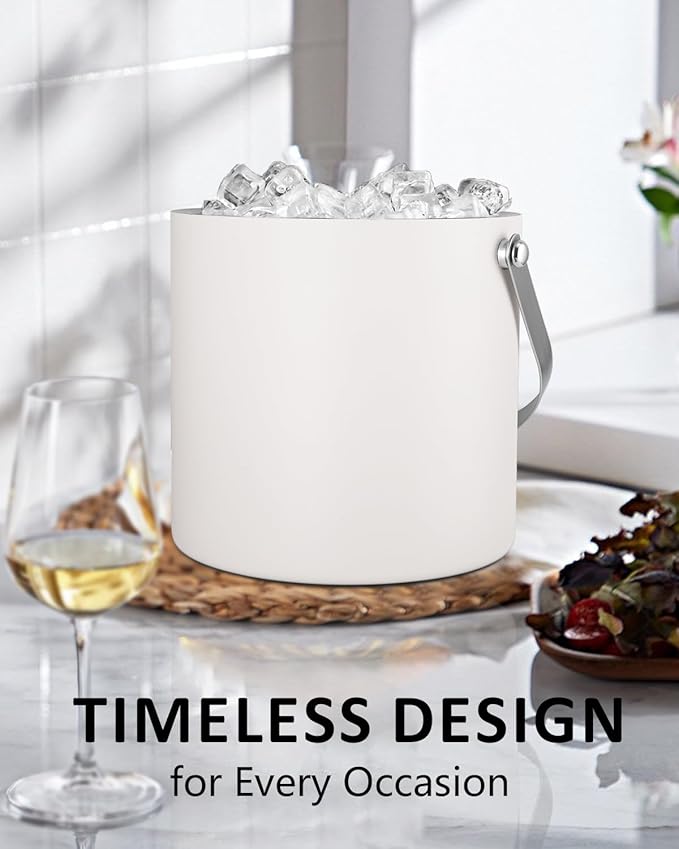 Bakpoco Insulated Ice Bucket with Silicone Lid, Scoop, Tongs & Strainer, 3L Stainless Steel Double Wall Ice Buckets for Parties & Cocktail Bar, Champagne Ice Bucket with Lid for Freezer, Ivory