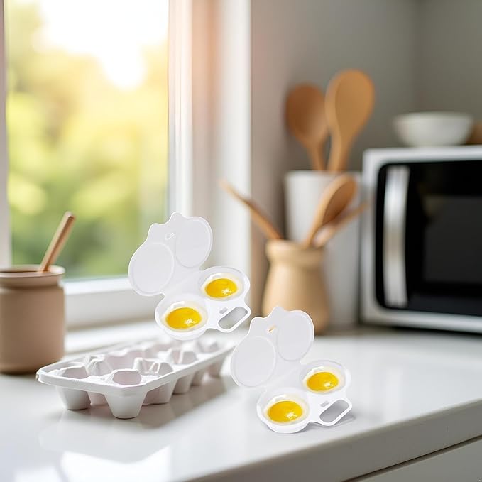2Pcs White Egg Poacher, Microwave Egg Boiler Poacher, 2 Cavity Nonstick Poached Egg Maker With Lid, Egg Poacher Microwave Egg Cooker, Double Drain Poached Egg Cups Cookware（13 * 5cm）