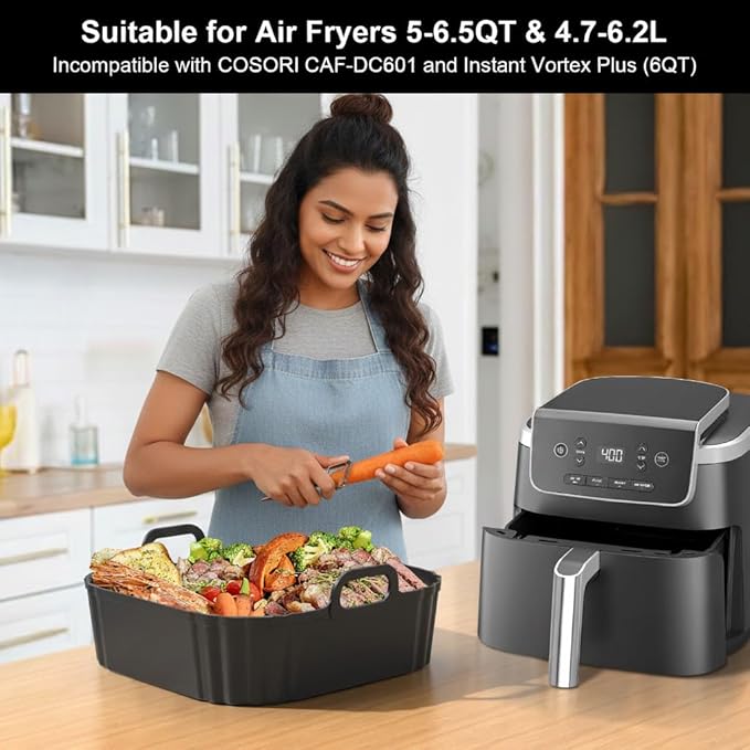 8.5 Inch Square Silicone Air Fryer Liners 2 Pack, Reusable Air Fryer Basket Liners for Ninja AF141 AF142 AF181, COSORI, Cuisinart, Chefman, Instant Air Fryer 5–6.5 QT