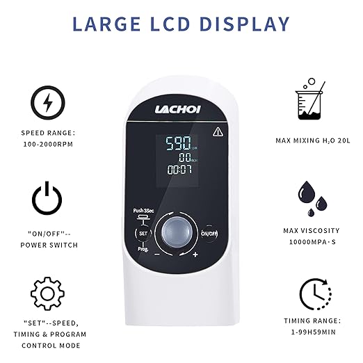 Electric Overhead Stirrer Mixer 100-2000RPM Timing Max.20L(H₂O) LCD Display Digital Overhead Stirrer Mixer 10000mPas Powerful Lab Stirrers Mixer with Stirring Rod and Stand