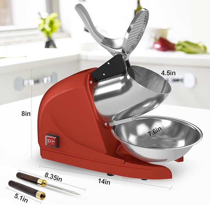 Shaved Ice Machine 380w Snow Cone Machine 3 Stainless Steel Blades Ice Shaver Machine Electric Ice Crusher 280lbs/hr Snow Cone Maker for Home and Commercial with Ice Pick(Red)