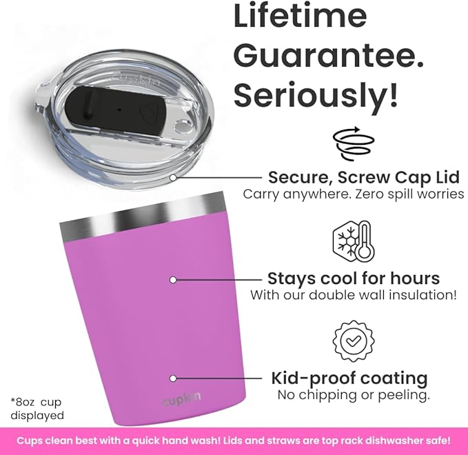 CUPKIN Toddler Tumblers, The Original 12 oz Stackable Stainless Steel Cups, Set of 2 Powder Coated Insulated Kids Water Bottle Alternative + BPA Free Lids + Reusable Silicone Straws (Green + Pink)