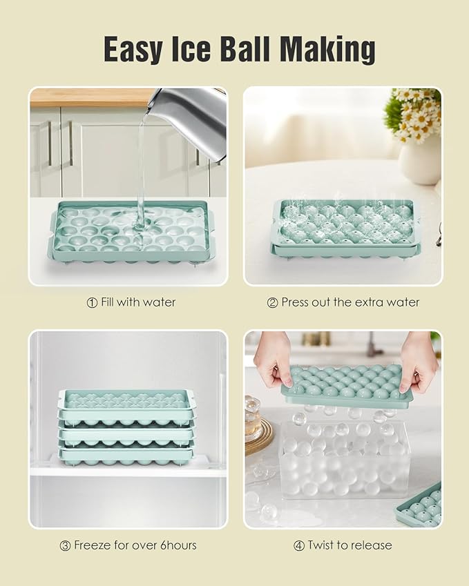 Round Ice Cube Trays for Freezer with Lid and Bin - 3 Stackable Trays Small Circle Ice Maker Molds, 99pcs Round Ice Balls for Chilling Whiskey, Cocktails, Coffee - Easy-Release Sphere Ice Tray