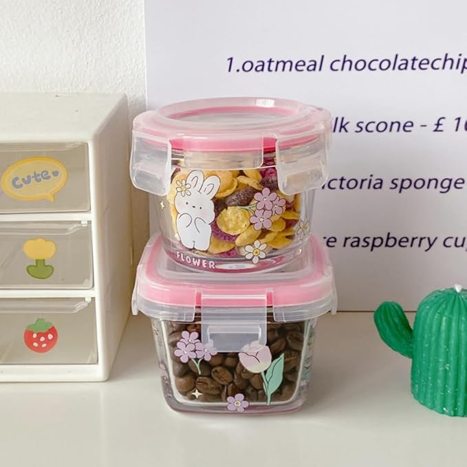 Ivymei 2 Pack Mini Glass Containers with lids,Small Floral Food Storage Contaiers Glass Food Jars for Food Portion,Dipping Sauce,Snack,Yogurt,Fruit,Leakproof,Microwave Freezer Safe(pinkpurple)