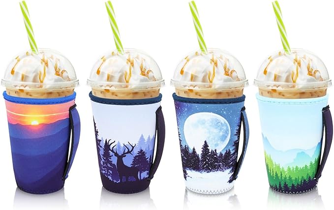 4Pack Reusable Iced Coffee Sleeve Insulator Sleeves for Cold Drinks Beverages, Neoprene Cup Holder for Most Coffee, Fits 22-24oz Medium Cups (Nature Landscape)