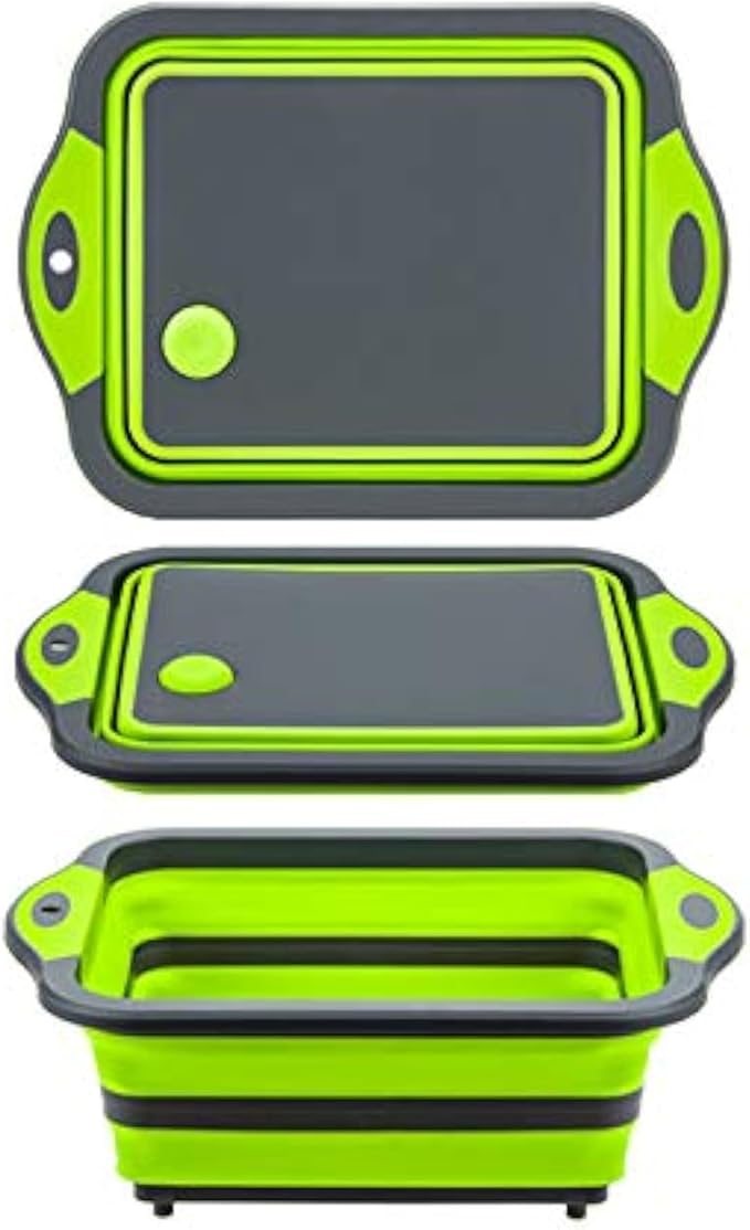 Collapsible Cutting Board with Colander, Foldable Multi-function Kitchen Plastic Silicone Dish Tub, Fruits Vegetables Wash and Drain Sink Storage Basket (Green)