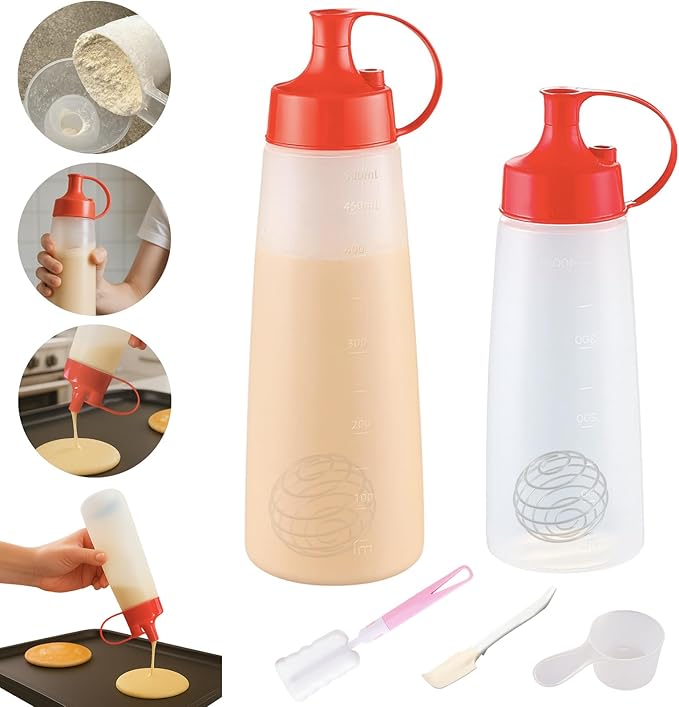 Pancake Batter dispenser bottle, Pancake Mixer and Dispenser with Whisk Ball, Batter Mixer Bottle for Pancakes Waffles Cupcakes Crepes (500ml+400ml)