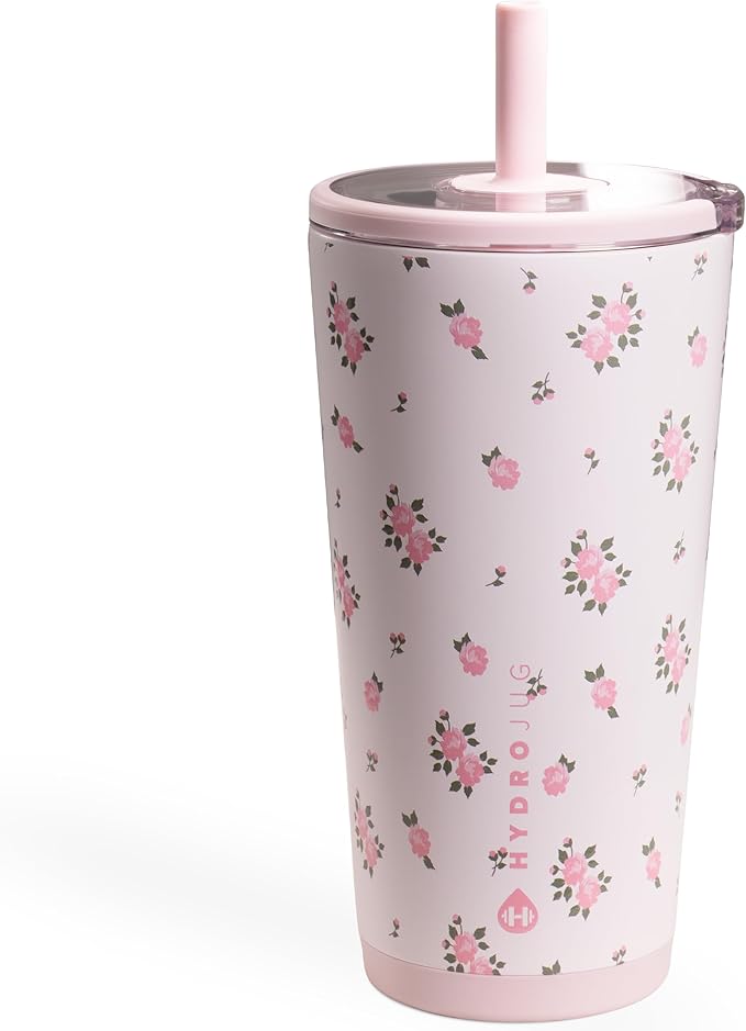 HydroJug Everyday Tumbler 20 oz – Ceramic-Lined Insulated Tumbler with Straw and Soft-Touch Lid, Cup Holder Friendly, Double-Wall Vacuum Insulation, Reusable Travel Cup – Wildrose
