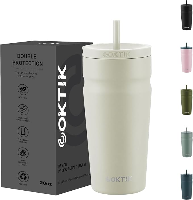 COKTIK 20oz Insulated Tumbler with Lid and Straw Iced Coffee Cup Reusable Stainless Steel Travel Mug Water Bottle Cupholder Friendly for Women Men Her Him (Almond Birch)