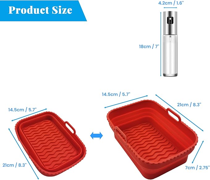 Daily Treasures 2 Pack Foldable Air Fryer Liners for Air Fryer Dual with 1Pack Oil Sprayer Dispenser, Air Fryer Accessories Reusable Air Fryer Silicone Liner for Dual Air Fryer(Red)