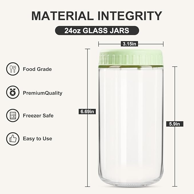 SHOWIN Overnight Oats Containers with Lids, 24oz Glass Jars with Lids 2 pcs, Light Green, Wide Mouth Mason jars for Salad, Yogurt, Snacks, Meal Prep