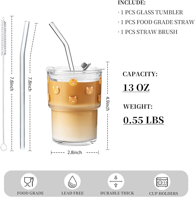 Olvini 13oz Glass Tumbler with Straw and Lid, Reusable Iced Coffee Cup Tumbler, Cute Glass Cups for Water, Matcha, Travel Coffee Mugs (Cute Cat - 13oz)