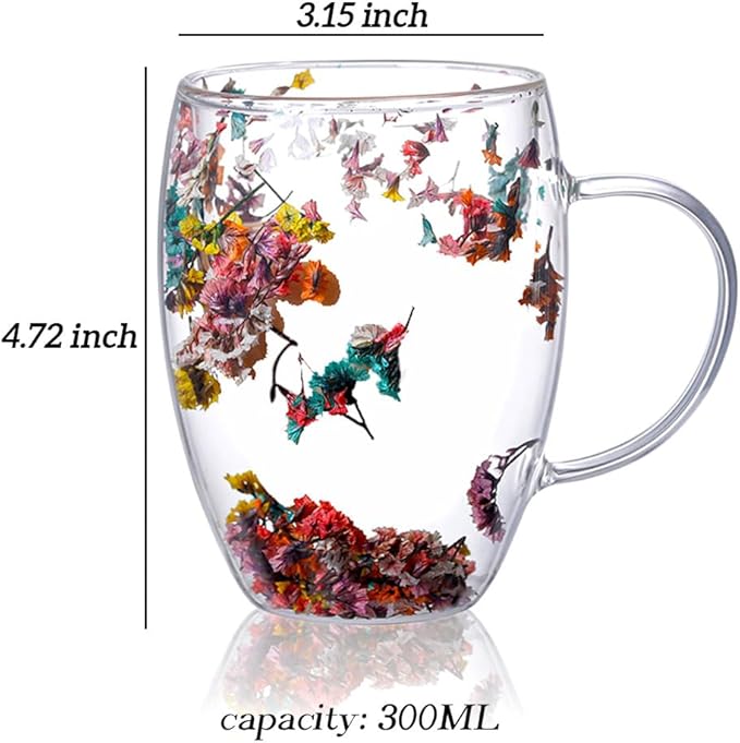 Myhiju Flower Double Wall Clear Glass Coffee Mugs Creative Clear Glass Cups with Handle Flowers Double Insulated Glass Cup for Hot Cold Beverages Cappuccino Latte, Espresso Juice Glass Coffee Cups