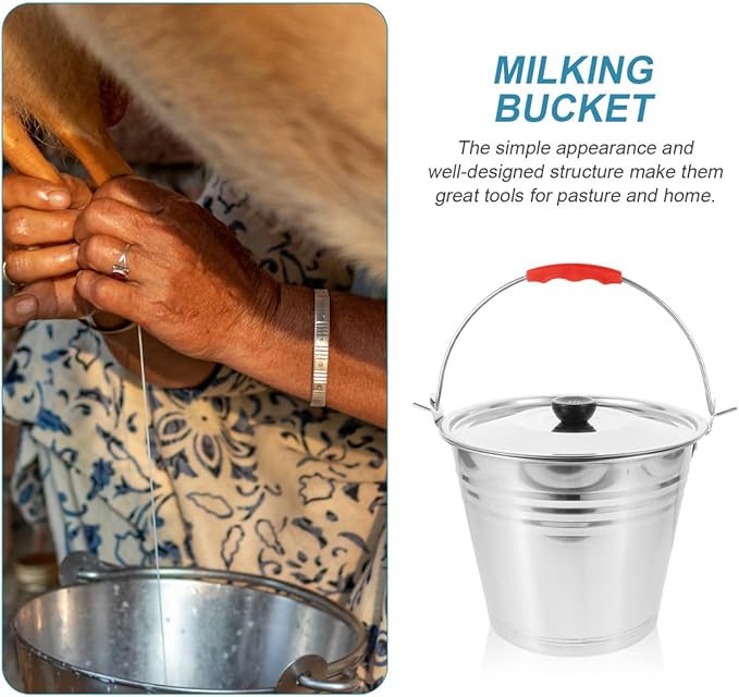 1pc Milk Bucket Multi-Purpose Bucket Multi-Functional Pail Durable Pasture Storage Stainless Steel Round Water Ice with Lid Ranch Milking