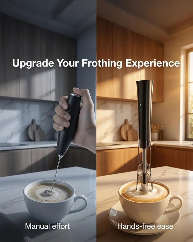 Milk Frother Handheld, Low Noise Rechargeable Frother Wand with Stand, Stainless Steel Shaft for Stability Stirrers Electric, Anti-Accidental Start Design, Coffee Mixer with 2 Double Coil Whisks