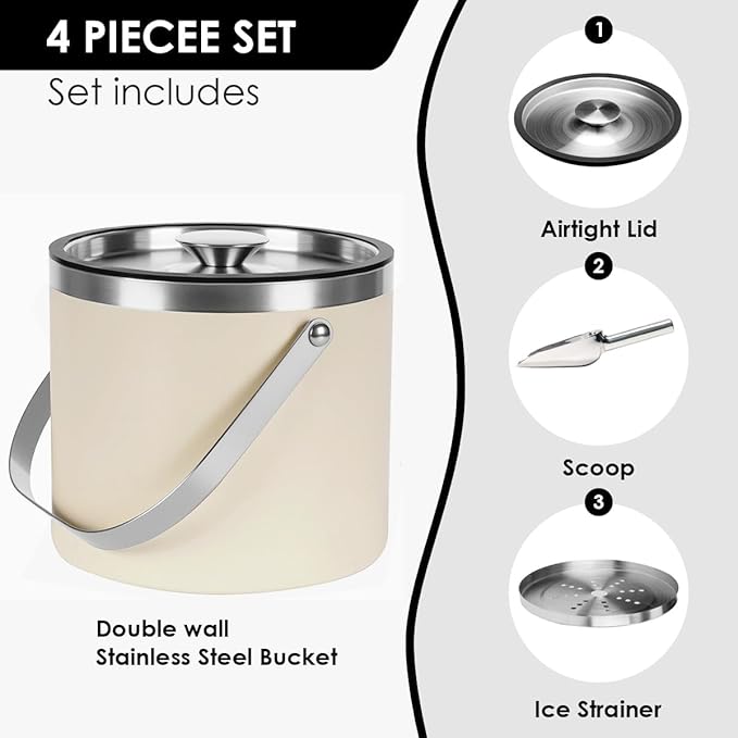 4L beige-white Double Wall Insulated Stainless Steel Ice Bucket with scoop for Cocktail Bar,Metal Ice Bucket for freezer with Lid for parties.ice Container to Keep Ice Colder,bar cart accessories