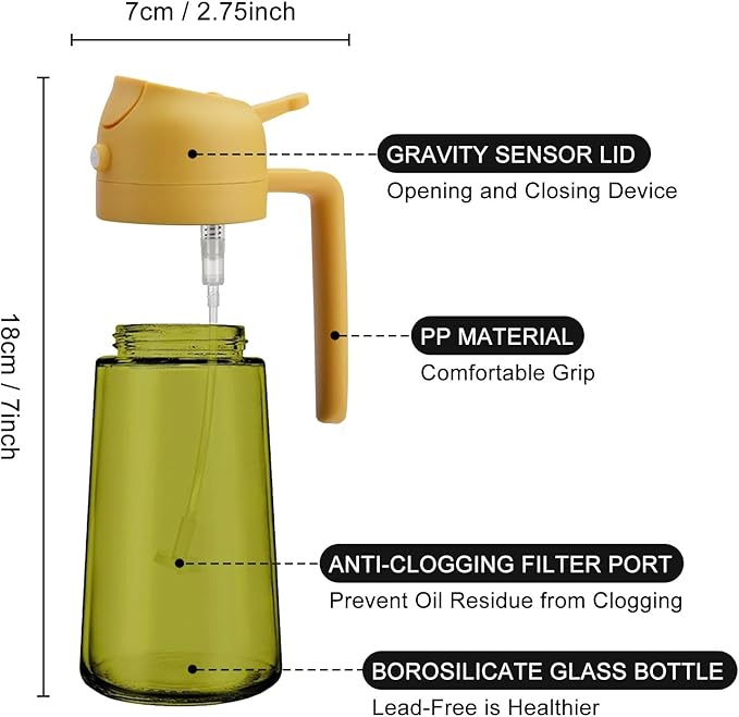 2 In 1 Oil Dispenser And Oil Sprayer, 16 Oz/470 Ml Oil Dispenser For Kitchen Spray, With Fine Mist Nozzle, Suitable For Cooking, Air Fryer, Salad, Grilling (yellow-1)