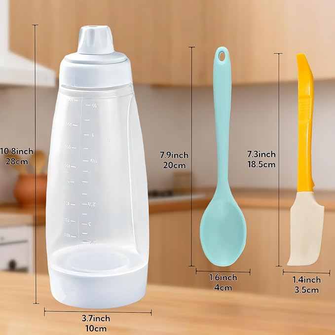 Pancake Batter Dispenser, 33 Oz Pancake Mixer Bottle with Silicone Spatula and Spoon, Kitchen Squeeze Batter Dispenser and Mixer with BlenderBall for Pancake, Waffle, Crepe, Muffin, Cupcake