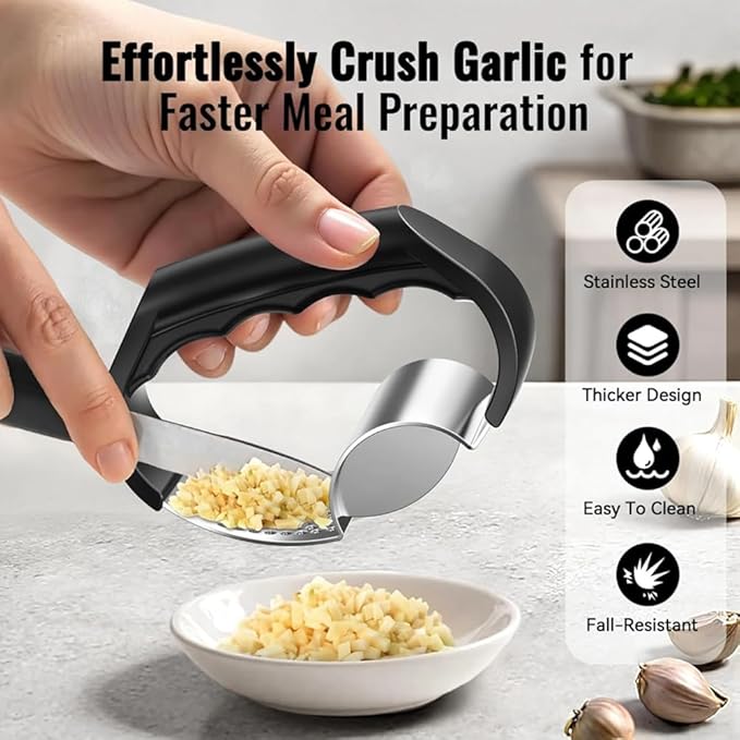 2-in-1 Stainless Steel Garlic Press Garlic Crusher Handheld Garlic Press Rocker Kitchen Gadget for Perfectly Minced Garlic