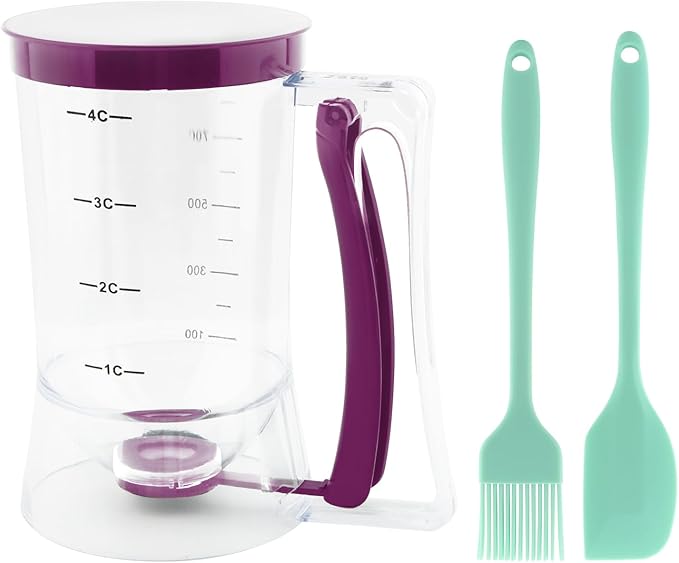 Pancake Batter Dispenser with Squeeze Handle, Cupcake Batter Dispenser with Oil Brush & Scraper for Precise Portion Control, Baking Tool for Pancakes Cupcake, Waffle, Muffin Mix (Purple)