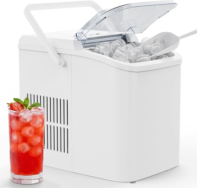 OLIXIS Ice Maker Machine with Handle,26lbs in 24Hrs,9 Ice Cubes in 6 Mins,Auto-Cleaning Portable Ice Maker with Basket and Scoop, Countertop Ice Maker for Home, Kitchen, Camping, RV - Sleek White