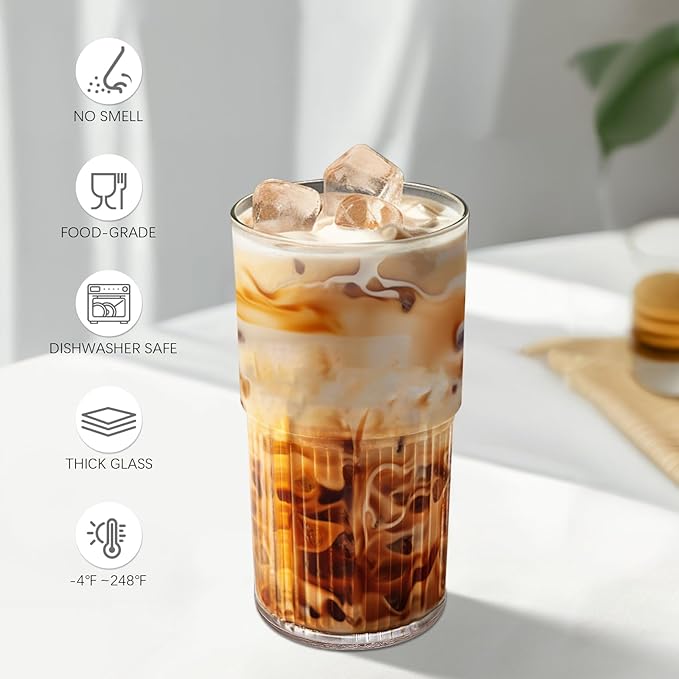 Luiaiog 18.5oz Glass Cups with Lids and Straws - Set of 2 Reusable Tumblers, Thickened Shatter-Resistant Glass, Ideal for Iced Coffee, Smoothies, Cocktails, Juices - Elegant & Durable Drinkware