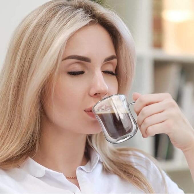 ecooe Espresso Cups 4 Oz Double Walled Glasses Coffee Mugs Set of 2, Clear Glass Coffee Cups with Handle, 120 ml (full capacity) Coffee Mug Borosilicate Double Wall Glass Espresso Coffee Cups