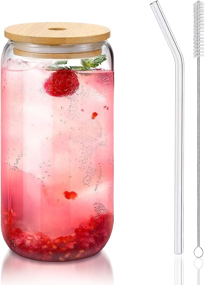 Glass Cups with Lids and Straws 1Pack,Glass Coffee Cups,Glass Cup with Lid for Iced Coffee,Smoothie,Cocktail,Beer,Whiskey,Soda,Matcha,16 Oz Glass Cup with Bamboo Lid,1 Brush
