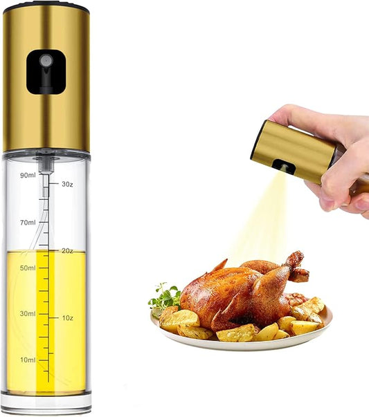 Glass Oil Sprayer Bottle for Cooking, Refillable Fine Mist Sprayer for Air Fryer, BBQ, Salad Spray, Leak Proof Kitchen Oil Dispenser with Dishwasher Safe Design (Gold)