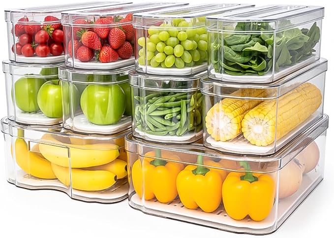 SMRCAD 10 Pack Refrigerator Organizers, Clear Container and Organizer Bins with Lids, Stackable Storage Containers for Fruits, Vegetable (Set of 10)