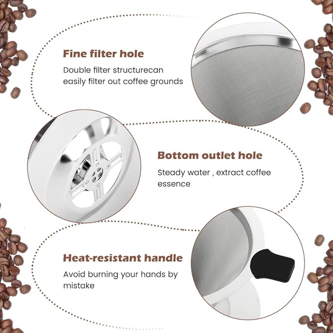 Pour Over Coffee Dripper, Stainless Steel Cone Coffee Filter with Base, Dual-Layer Fine Mesh Coffe Filter, Paperless Reusable Cone Coffee' Maker Dripper with Cleaning Brush(SIZE:M)